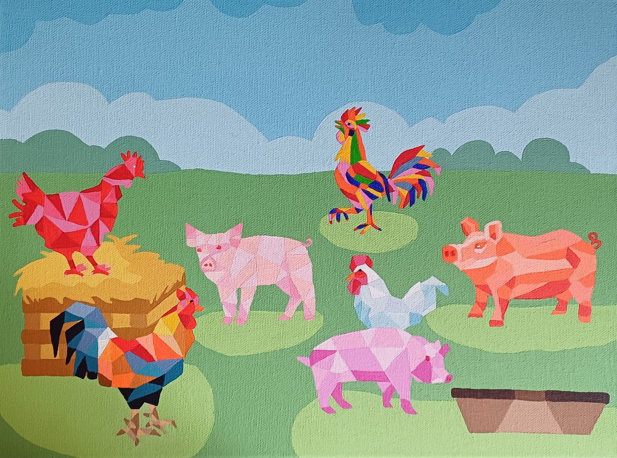 Geometric Animal Acrylic Painting By Corinne Hamer, 16 X 12, Pigs And Chickens, Original Artwork