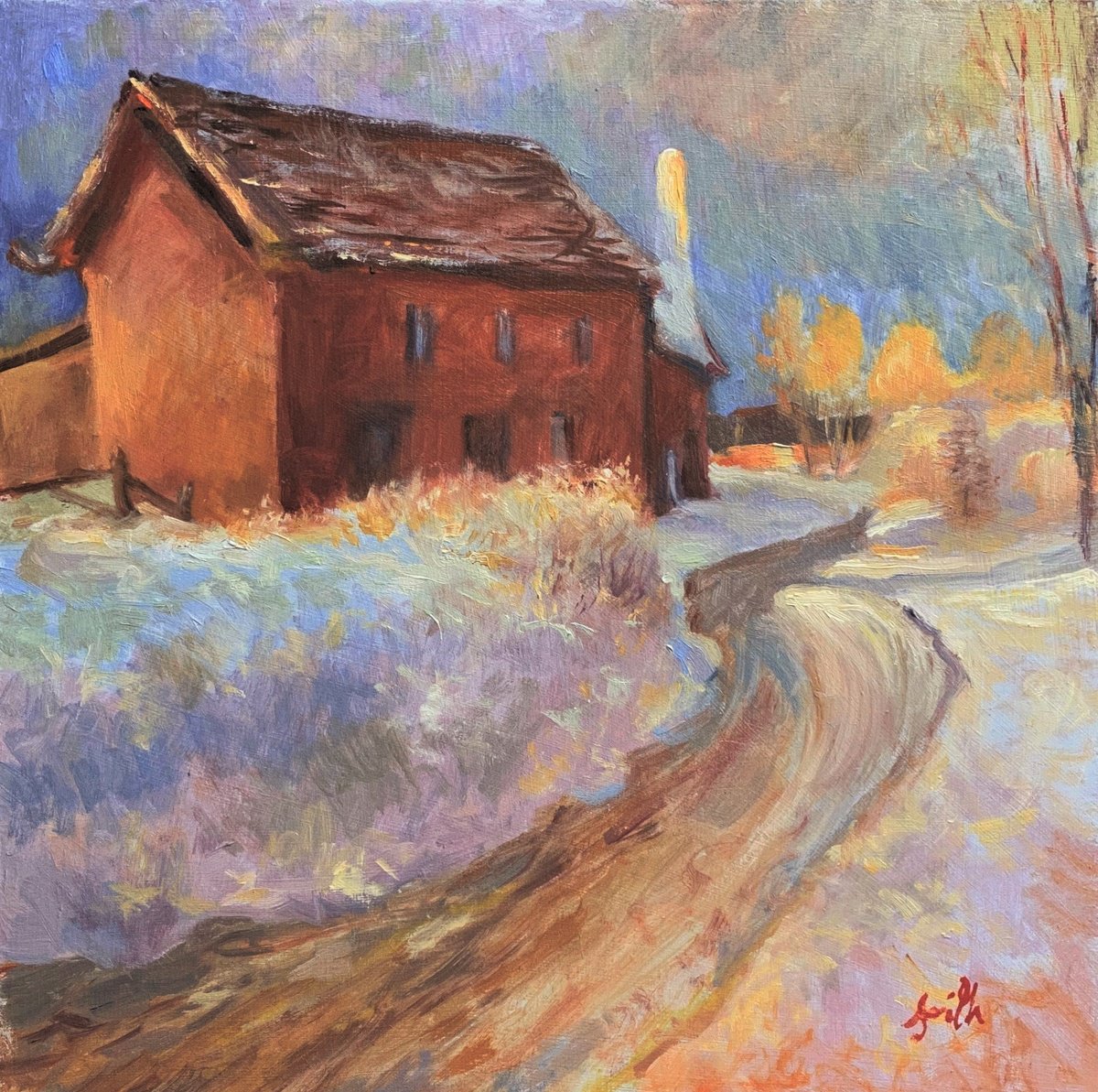 Jackie Smith | Original  Oil Painting | Red Barn In The Winter Snow. | 20 X 20Cm | Artwork For Sale On Artfinder