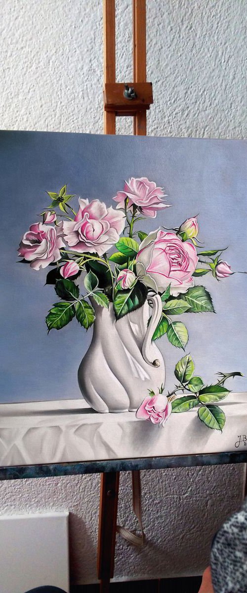 STILL LIFE WITH PINK ROSES , ORIGINAL OIL ON CANVAS PAINTING FINE ART by Josip Barać