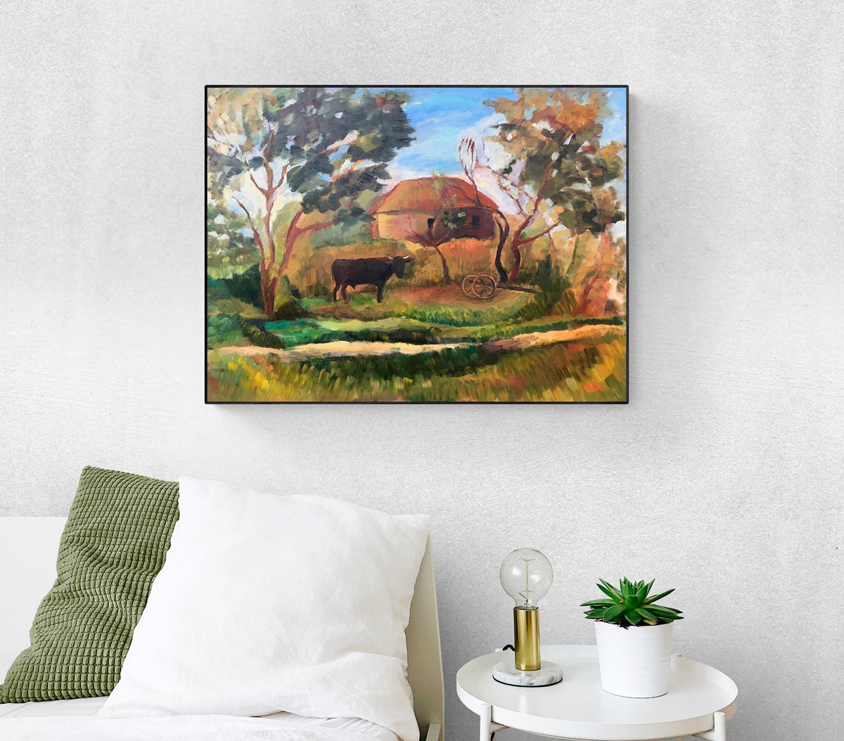 AUGUST - impressive landscape painting with a bull and a house rural life autumn yellow na... by Irene Makarova