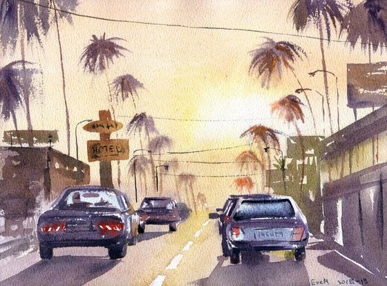 The road with cars in Los Angeles. Sunset. Original watercolor artwork.