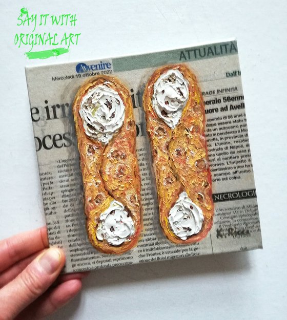 "Cannoli on Newspaper" Original Oil on Canvas Board Painting 6 by 6"(15x15cm)