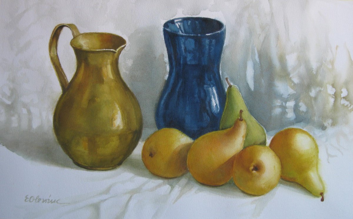 Impressionistic Still Life Watercolour By Elena Oleniuc, 22 X 14, Pots And Pears, Original Artwork