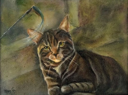 Let's Play Cat Original Oil Painting with more than 15 glazes for vivid realism fully framed by Mary Gullette
