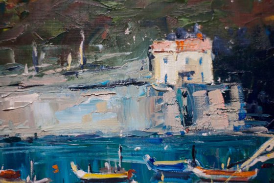 Vernazza. Cinqueterre, Italy. Original oil painting. Small size seascape impressionistic blue boats coast interior
