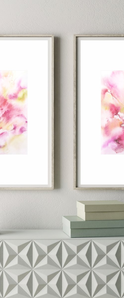 Pink flowers set, watercolor loose flowers painting by Olga Grigo