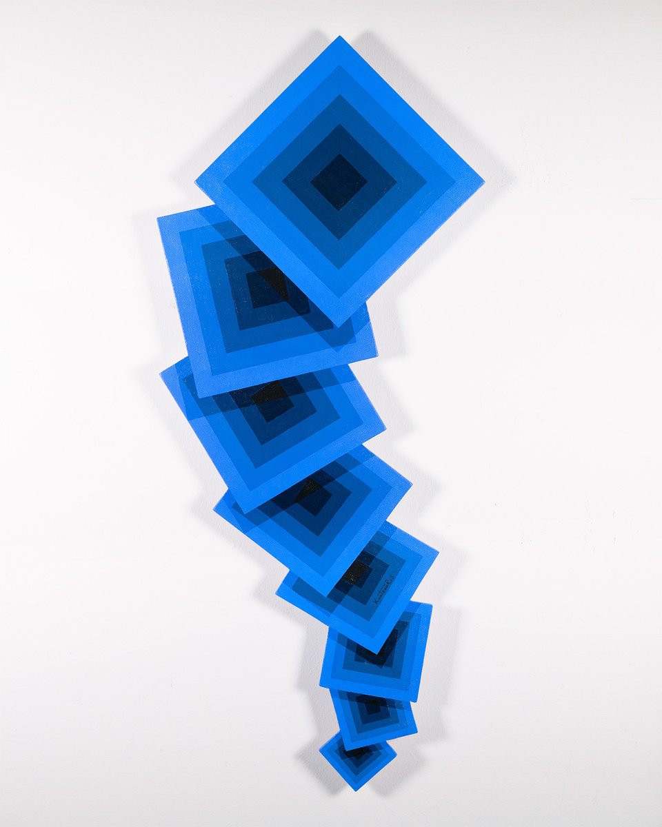 Geometric Abstract Acrylic Painting By George Koutsouris, 14 X 31, Blue Attitude, Original Artwork