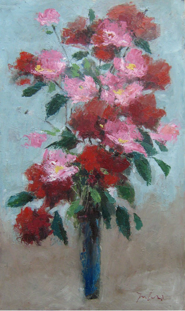 Red flowers in a vase KIP-96, Author: Mato Jurkovic, academic painter by Mato Jurkovic