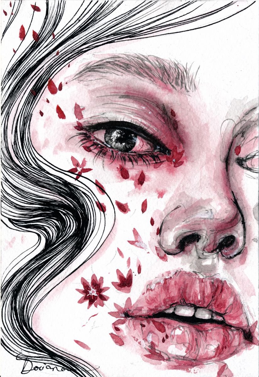 Expressive Portrait Ink Drawing By Doriana Popa, 5 X 7, Pink Blossom, Original Artwork
