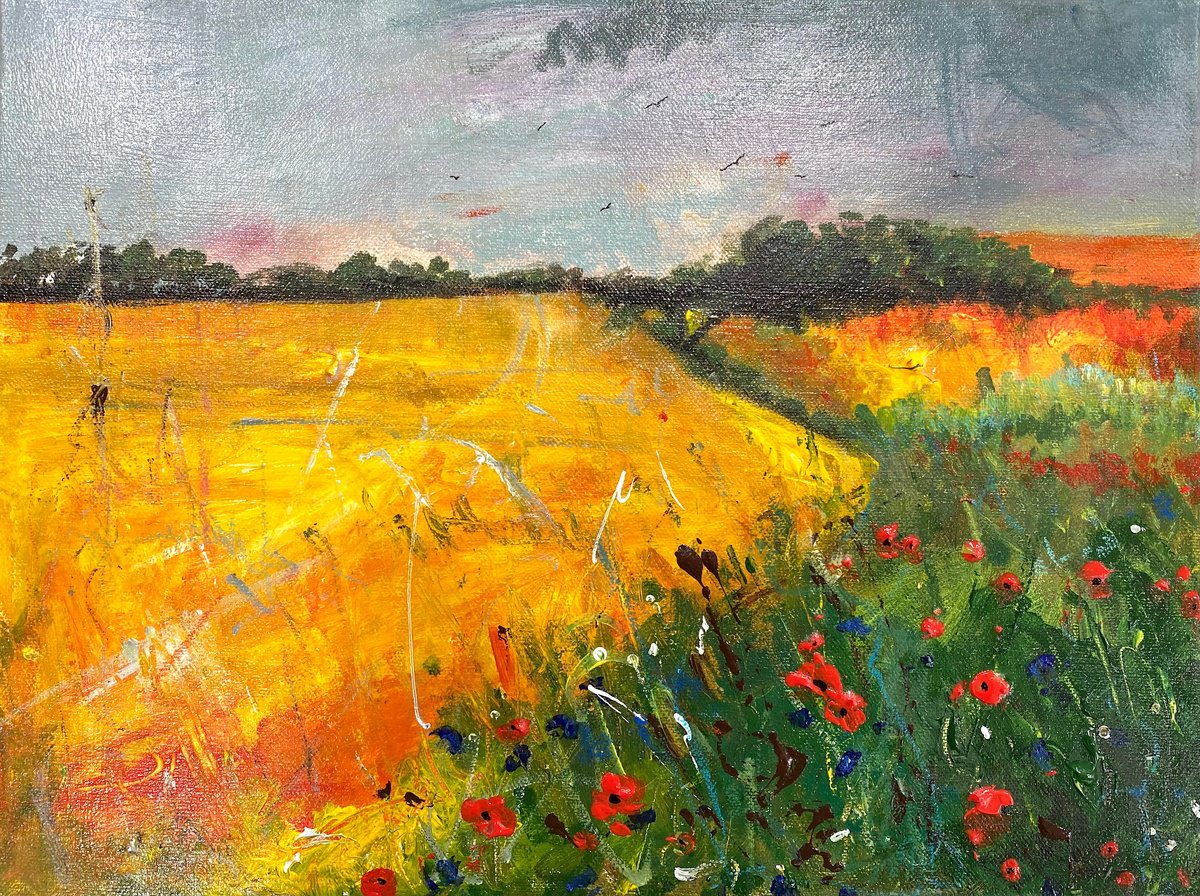 Organic Landscape Painting By Teresa Tanner, 16 X 12", Cornfield Stormy Skies, Original Artwork