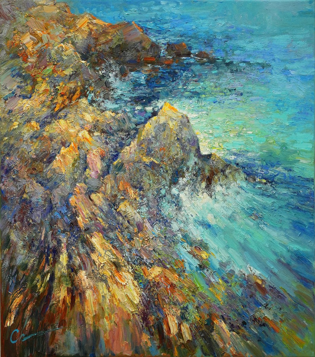 Impressionistic Landscape Oil Painting By Serhii Cherniakovskyi, 31 X 35", Rocky Shore, Original Artwork