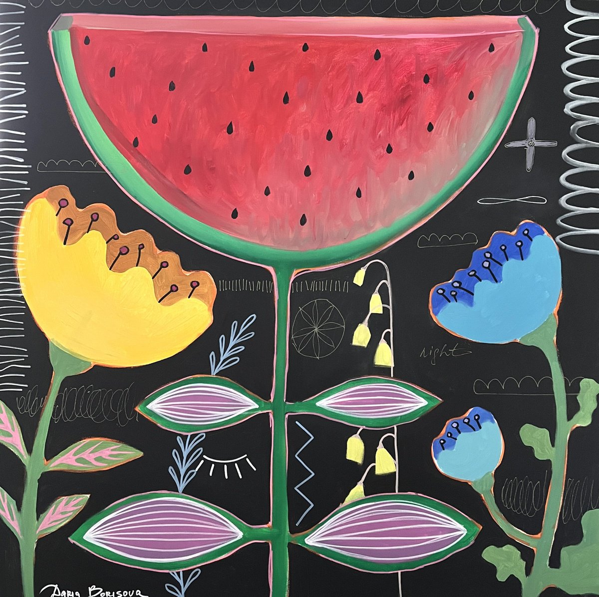 Surrealistic Botanical Acrylic Painting By Daria Borisova, 36 X 36, - Awakening - ?, Original Artwork