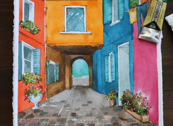 Old street in Europe. Original watercolor artwork.