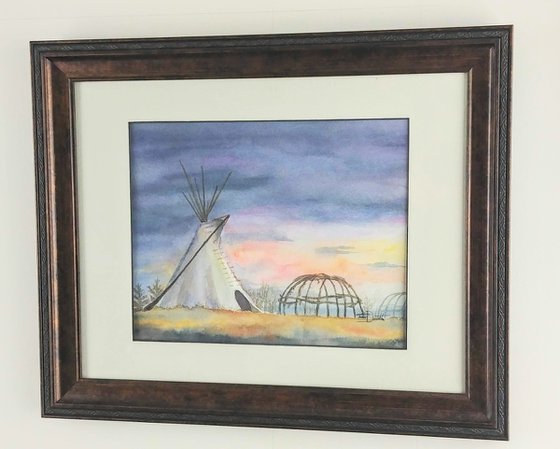 Peace Valley - Regina Saskatchewan Canada, Teepee, sweat lodge, original watercolor