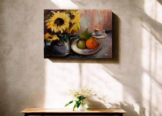 Still life with Sunflowers and fruit
