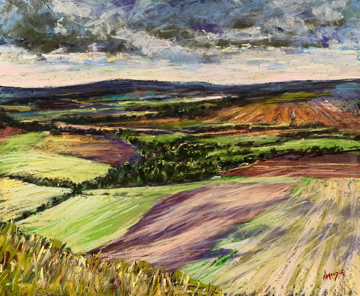 Impressionistic Landscape Pastel Drawing By Andrew Moodie, 20 X 16, Wiltshire Plain, Original Artwork