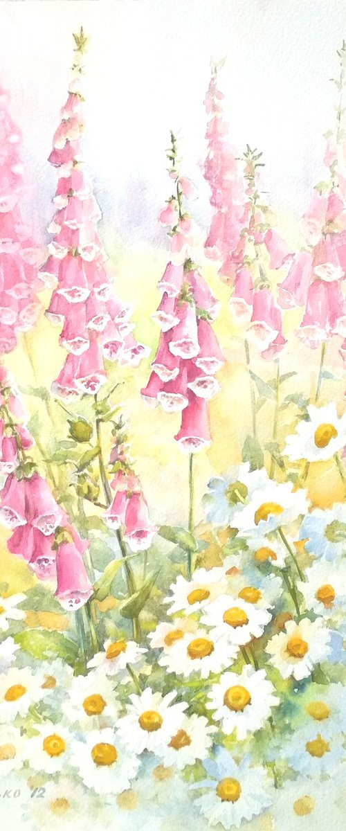 White daisies and pink foxgloves / Original floral watercolor Summer flowers picture by Olha Malko