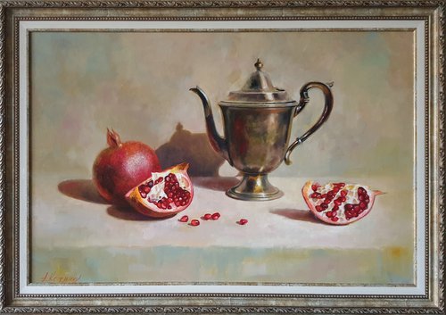 "English guest and pomegranates" still life teapot pomegranates liGHt original painting  GIFT (2020) by Anna Bessonova (Kotelnik)