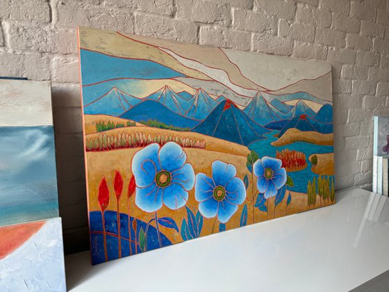 Blue poppies and mountain