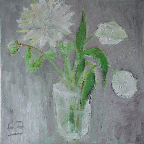 White Dalia and tulips by Elena Zapassky