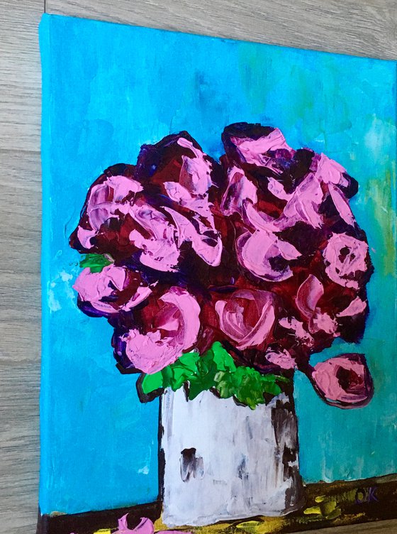 ABSTRACT BOUQUET OF Burgundy Roses  #16 ( NAIVE COLLECTION)  palette  knife Original Acrylic painting office home decor gift
