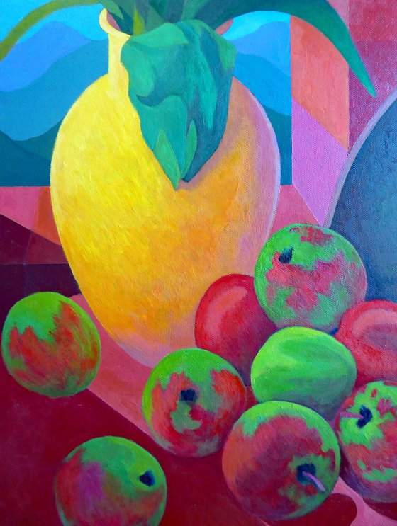 STILL LIFE: APPLES AND TULIPS