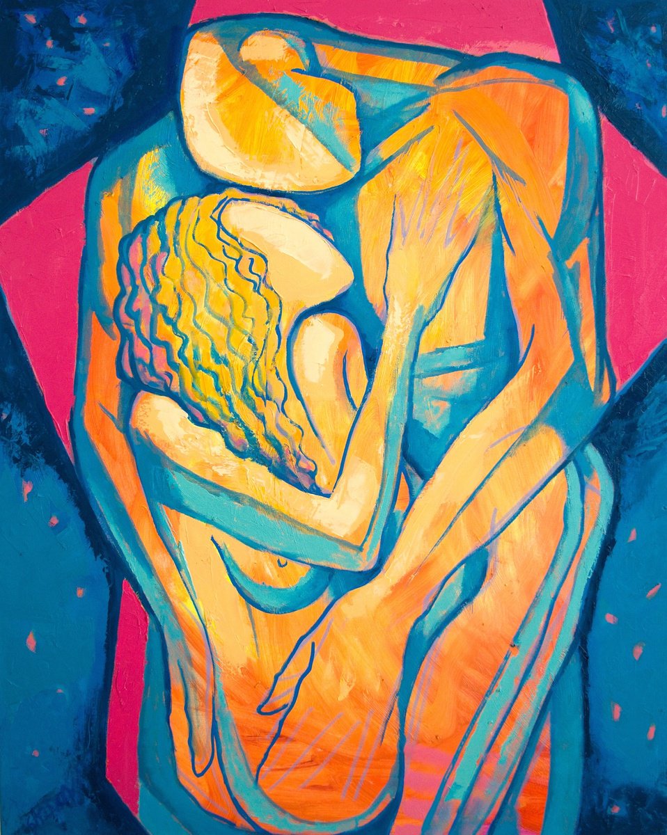 Expressive Portrait Oil Painting By Rumen Sazdov, 31 X 39", Our Starry Night, Original Artwork