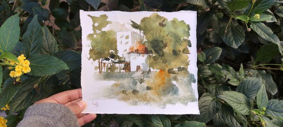 Thonon les bains countryside, original watercolour painting small, small cityscape wall art, original for her, gift ideas, Valentines day
