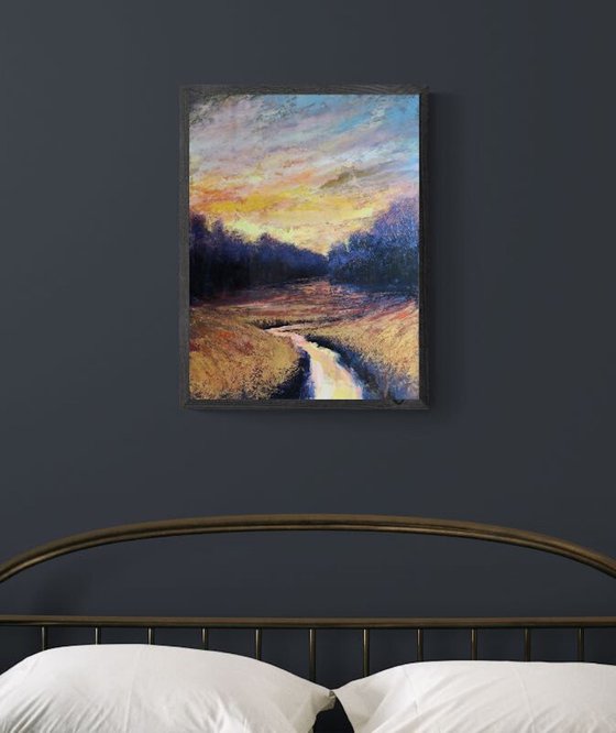'Winter Stream IV' Sunset oil painting