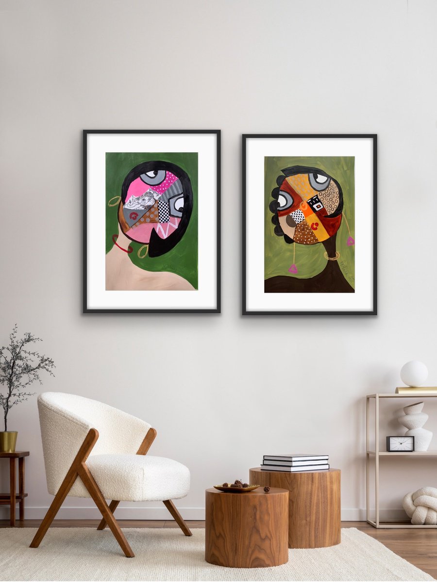 Abstract Portrait Painting By Rashna Hackett, 15 X 22", Selfie 6,7Diptych), Original Artwork