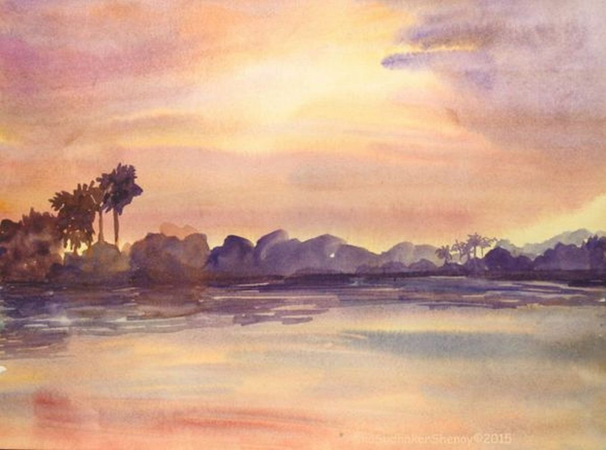 Palm trees Watercolor Sunset Painting - 1 ( 13.25x10.00) by Asha Shenoy
