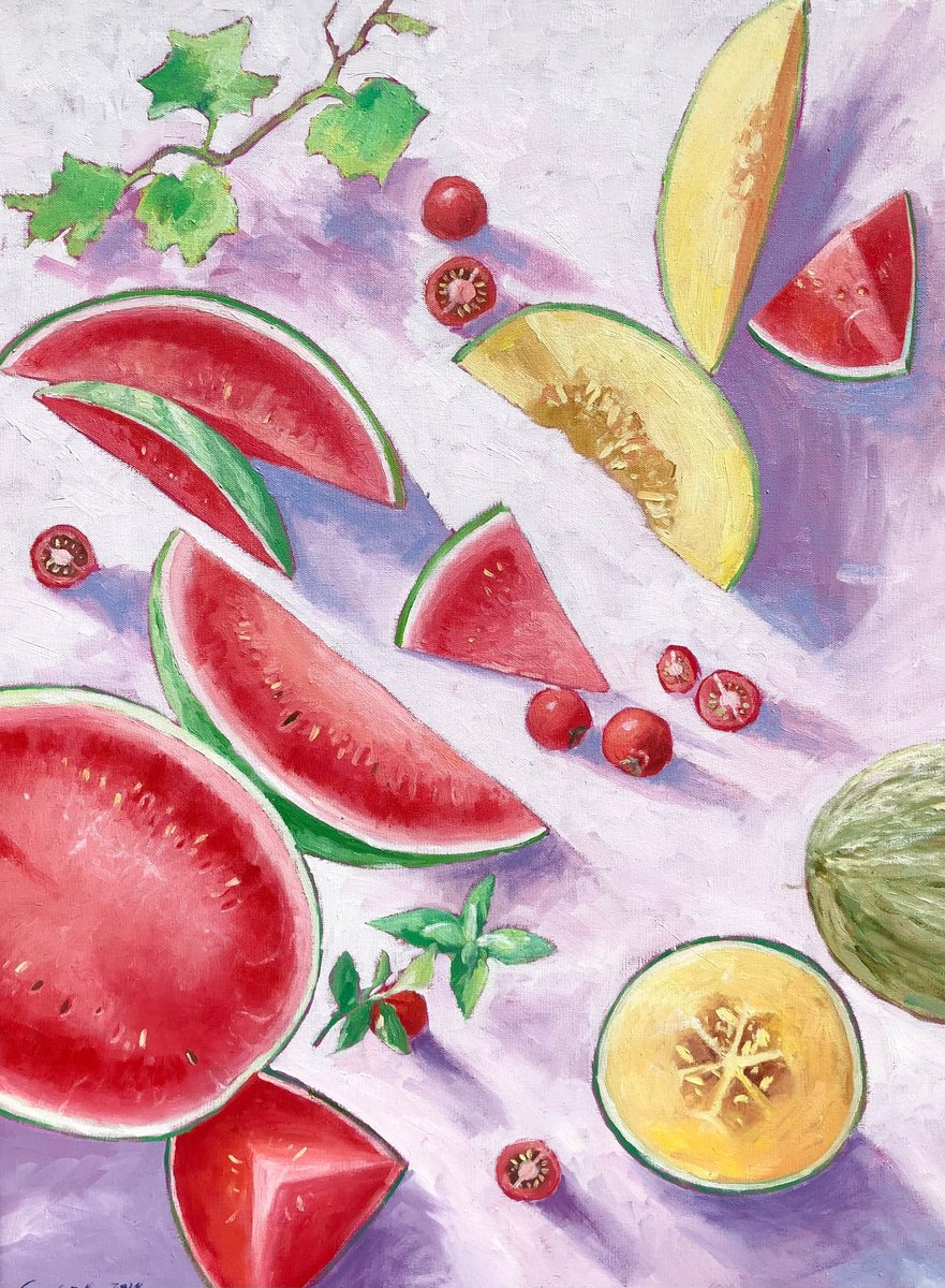 Impressionistic Botanical Oil Painting By Volodymyr Smoliak, 24 X 31", Watermelons And Sweet Melon, Original Artwork