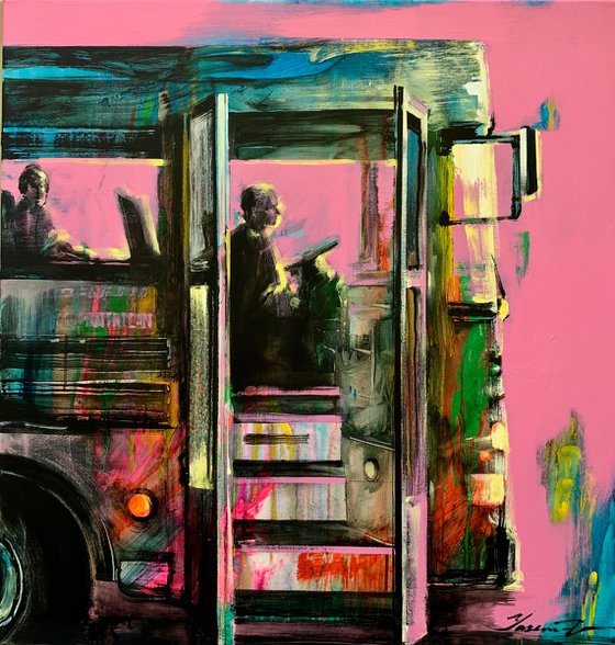 Big bright painting - "School bus" - Bus - Urban - Road - Street art - Pink