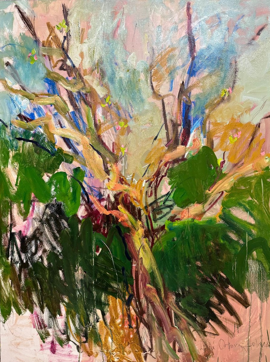 Expressive Landscape Oil Painting By Lilia Orlova-Holmes, 35 X 47", Sap Flow, Original Artwork