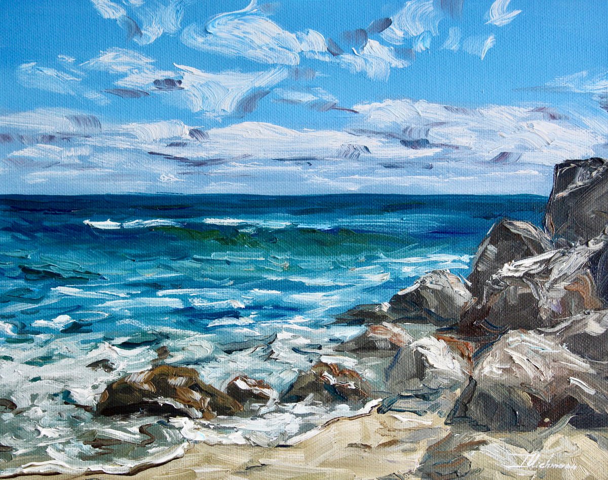 Impressionistic Landscape Oil Painting By Liza Illichmann, 12 X 9", Rocks By The Sea, Original Artwork