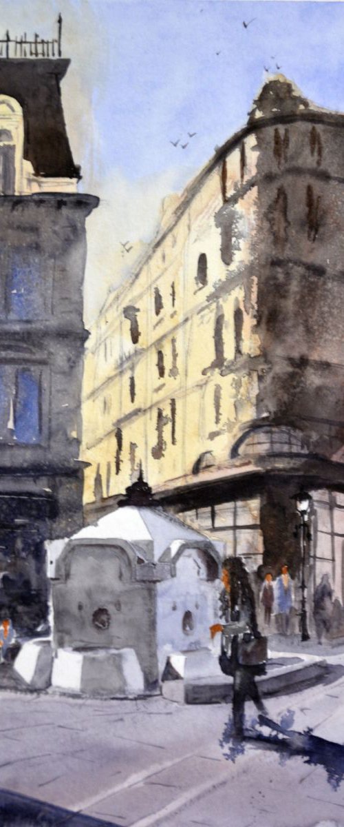 Immense mans drinking fountain - unique watercolour cityscape by Nenad Kojic, Belgrade, Serbia by Nenad Kojić watercolorist