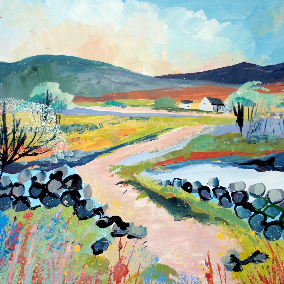 Impressionistic Landscape Acrylic Painting By Julia Rigby, 17 X 17", Dales View, Original Artwork