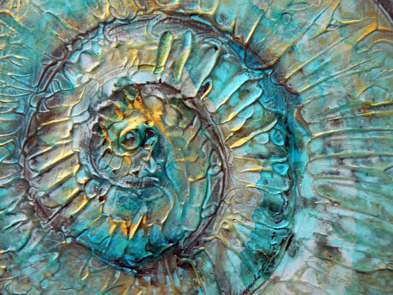 Turquoise Ammonites (textured fossil artwork, ready to hang)