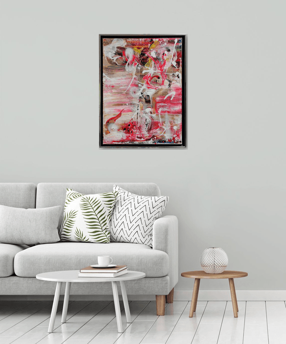 Framed red and white gestural action painting abstract still life pot with flowers O KLOSKA