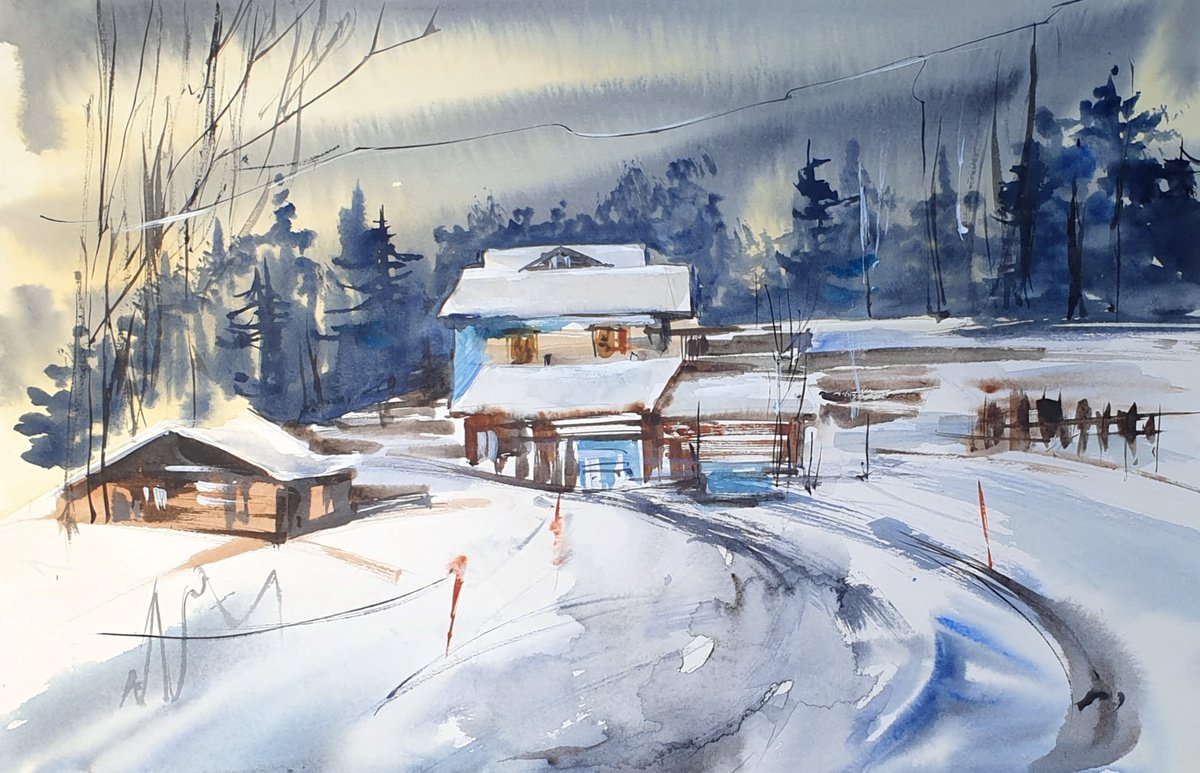Impressionistic Landscape Watercolour By Elena Genkin, 20 X 14, Sunny Winter Scenery With Snow Village - 2, Original Artwork