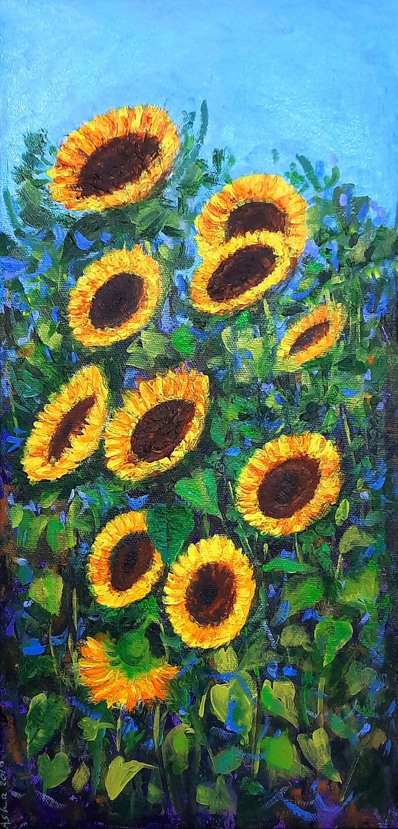 Impressionistic Botanical Acrylic Painting By Asha Shenoy, 10 X 18, The Sunny Summer Sunflowers, Original Artwork