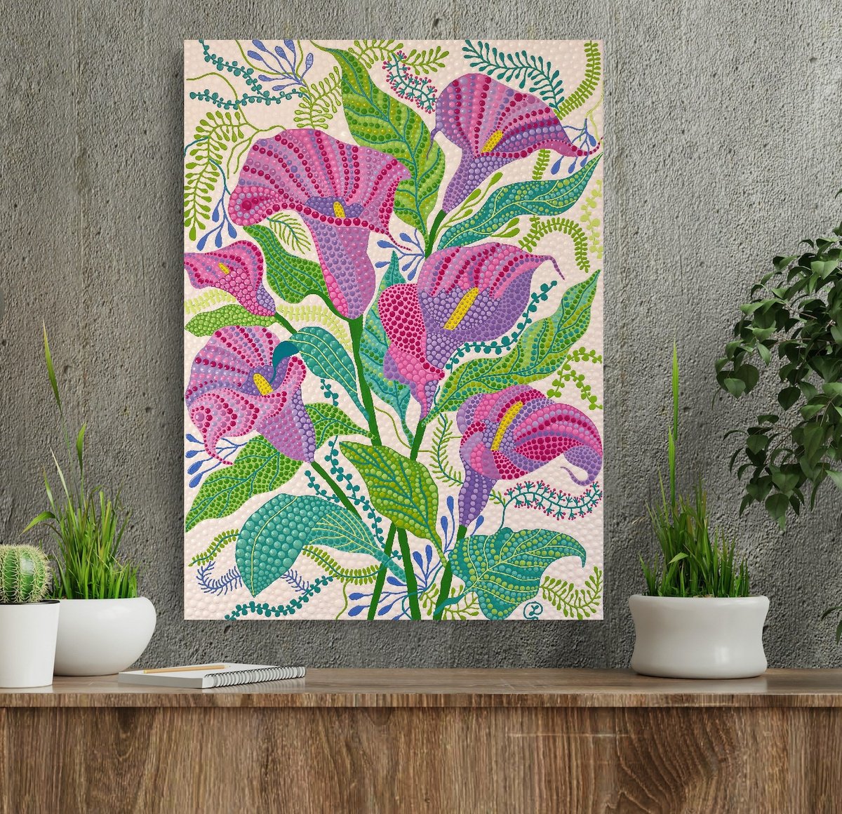 Expressive Botanical Acrylic Painting By Oxana Lazari, 20 X 28", Bouquet Of Lilies, Original Artwork