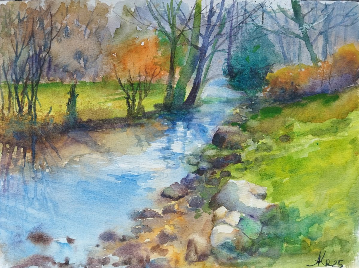 Impressionistic Landscape Drawing By Ann Krasikova, 12 X 9, Landscape With River, Original Artwork