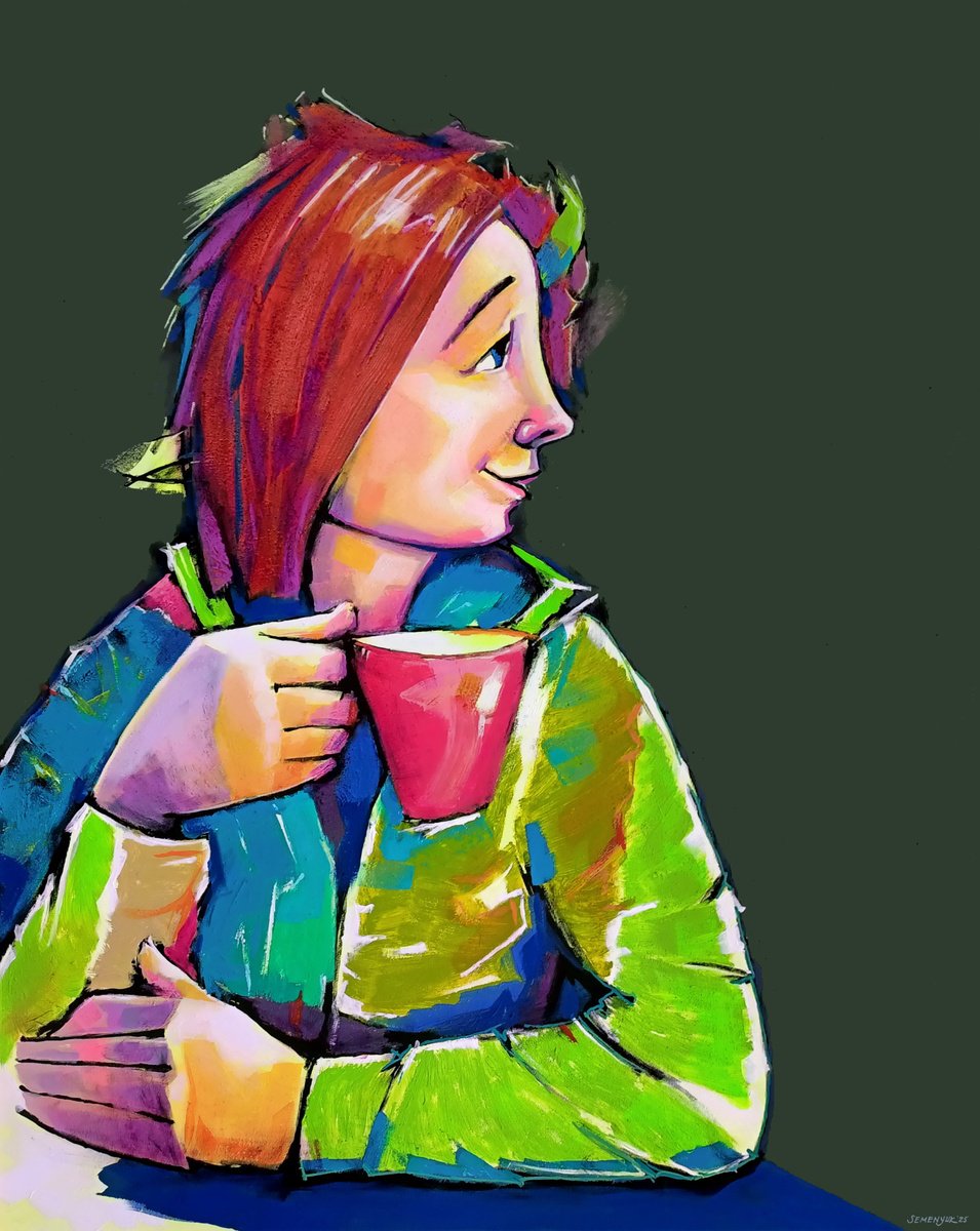 Impressionistic Portrait Acrylic Painting By Evgen Semenyuk, 31 X 39, Coffee Break Girl With Red Cup, Original Artwork