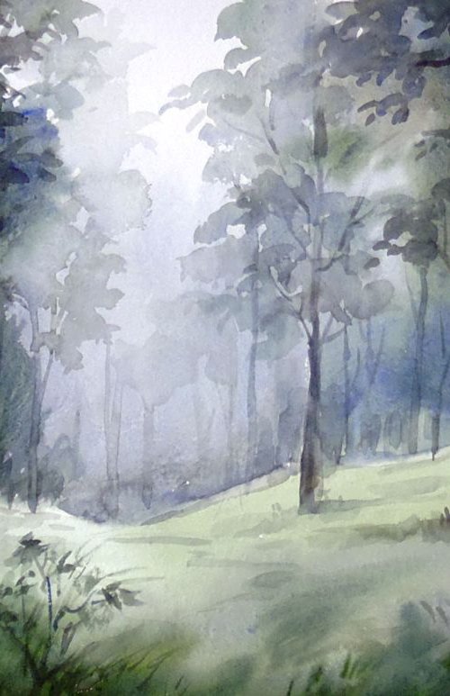 Mysterious Mountain Dense Forest - Watercolor on paper by Samiran Sarkar