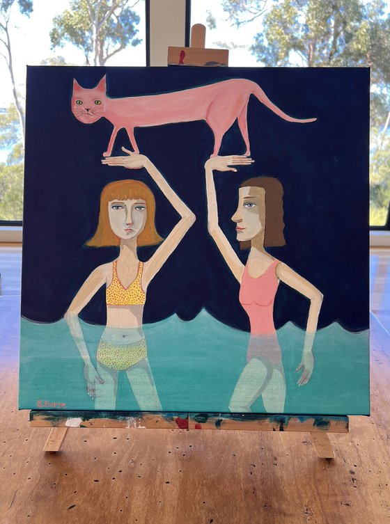 Swimming Girls with Pink Cat