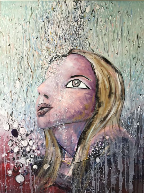 Rain Drops Acrylic Painting Large Canvas Art Original Artwork Woman Submerged 40"x50" Free Shipping