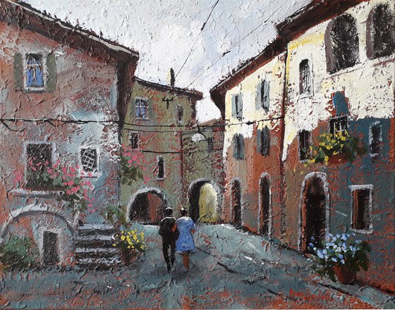 Painting on canvas. Italian courtyard
