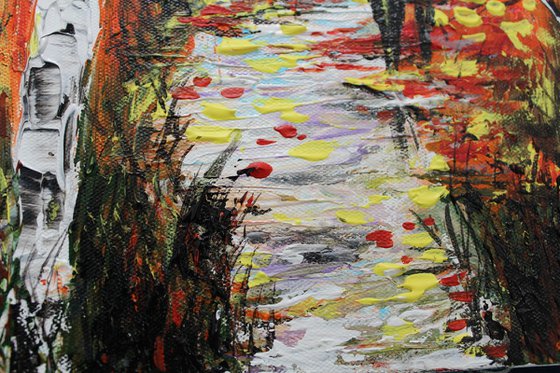 Walk in the Autumn Park- with a pet - Impressionistic landscape acrylic painting on canvas board - animal art - pet art