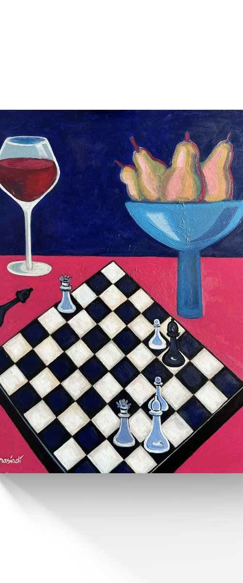 Stillife with chess and wine by Olga Afanasiadi